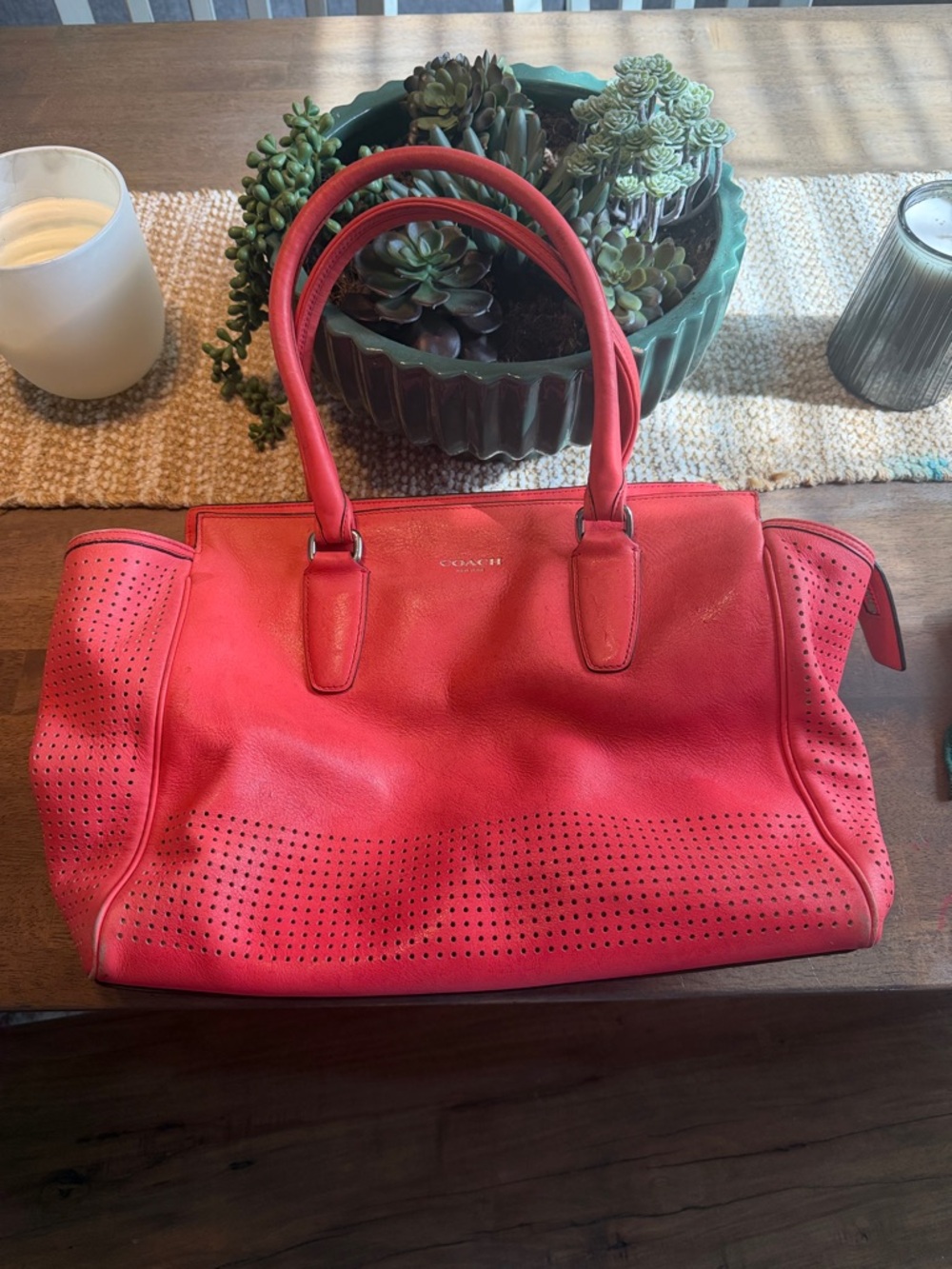 Coach Coral-Red Perforated Leather Tote
